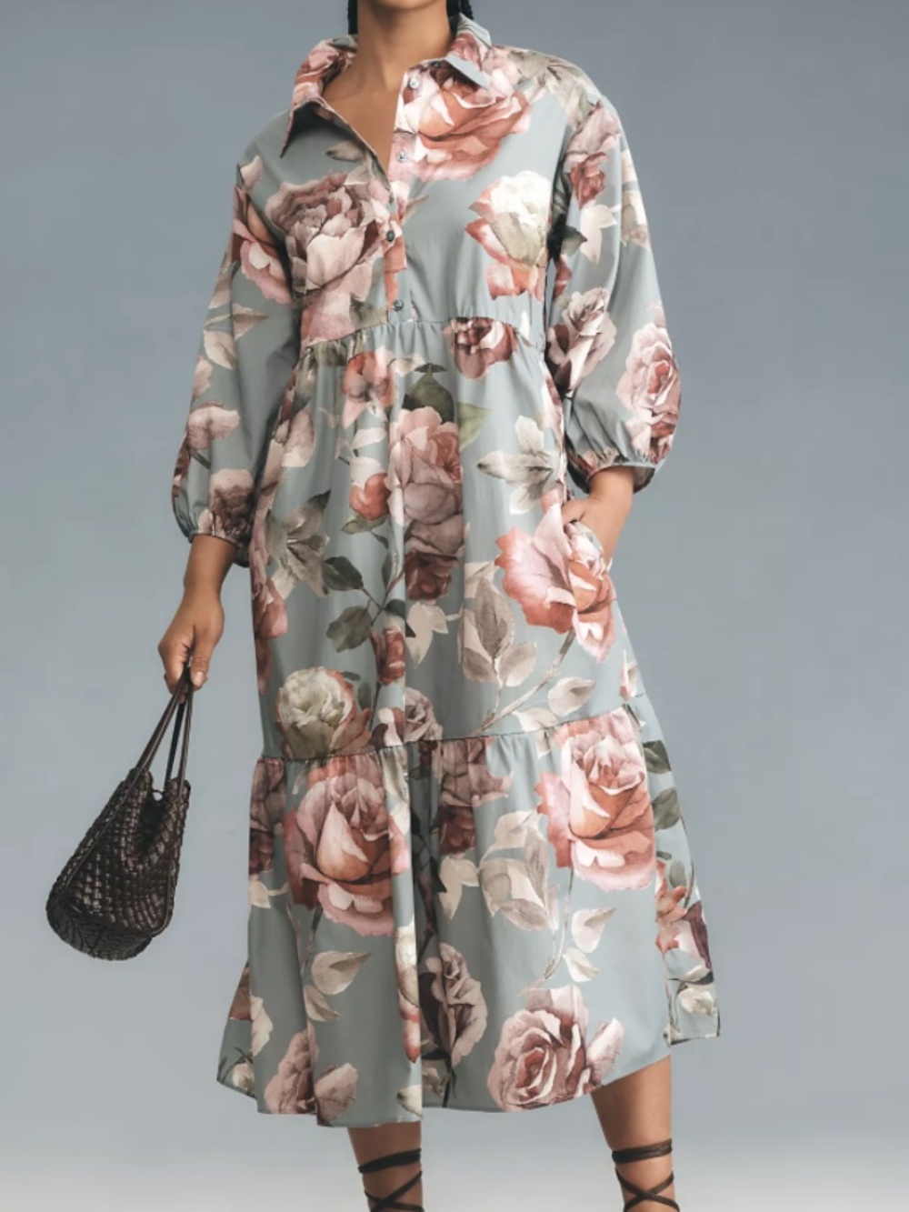 ANTHROPOLOGIE Loverly Grey Maeve Bettina Floral Tiered Shirt Dress - Picture 6 of 7